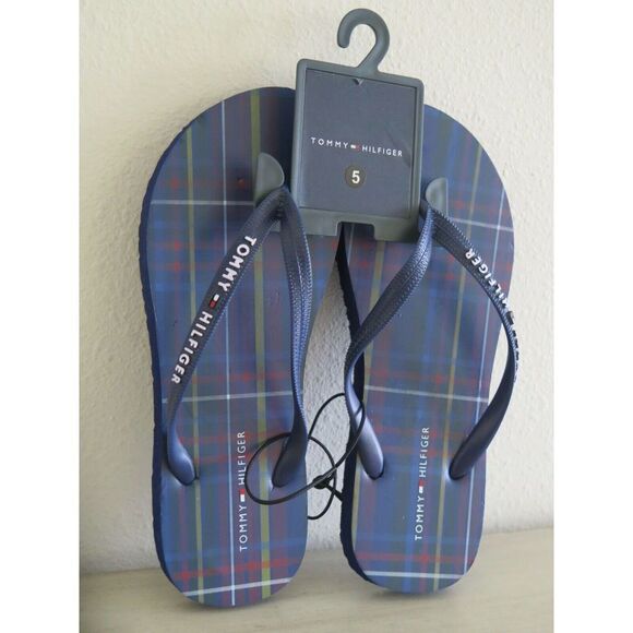 Tommy Hilfiger Women's Size 5 Dark Blue Plaid Thong Rubber Flip Flop Sandals - Picture 2 of 9